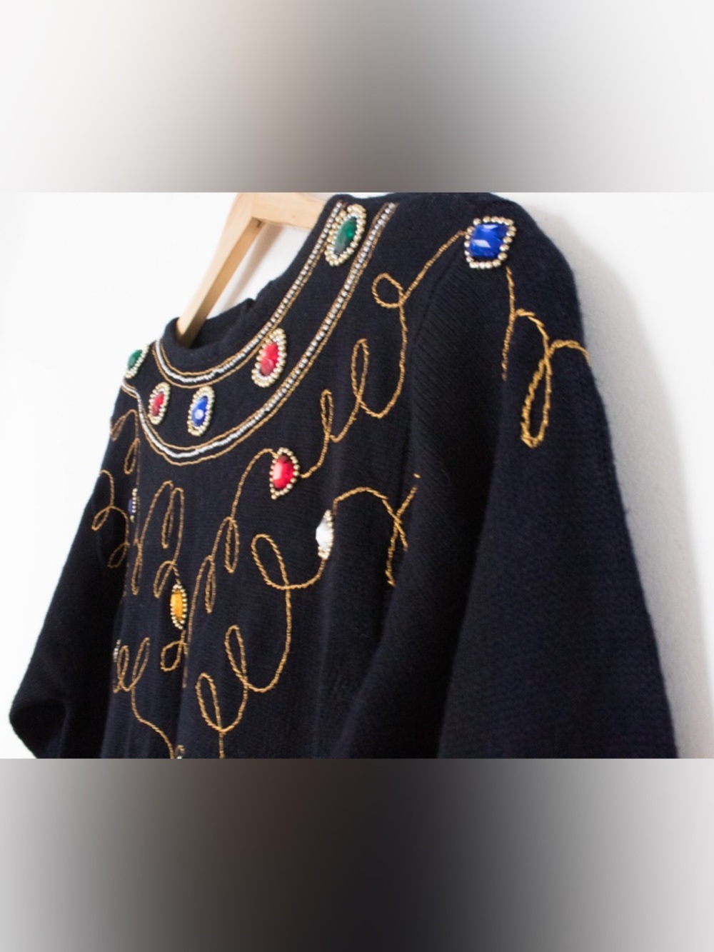 Darian | Vintage 80's Black Jeweled Long Sleeved Sweater Dress | Size Medium - Picture 4 of 8